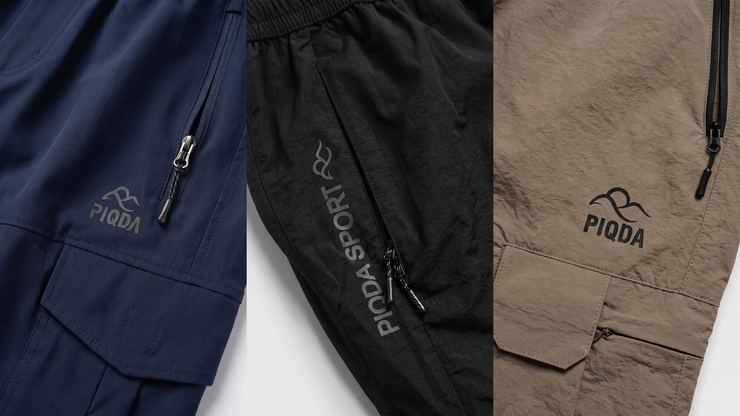 Detalles de tela, logo y bolsillos de los tres pantalones PIQDA